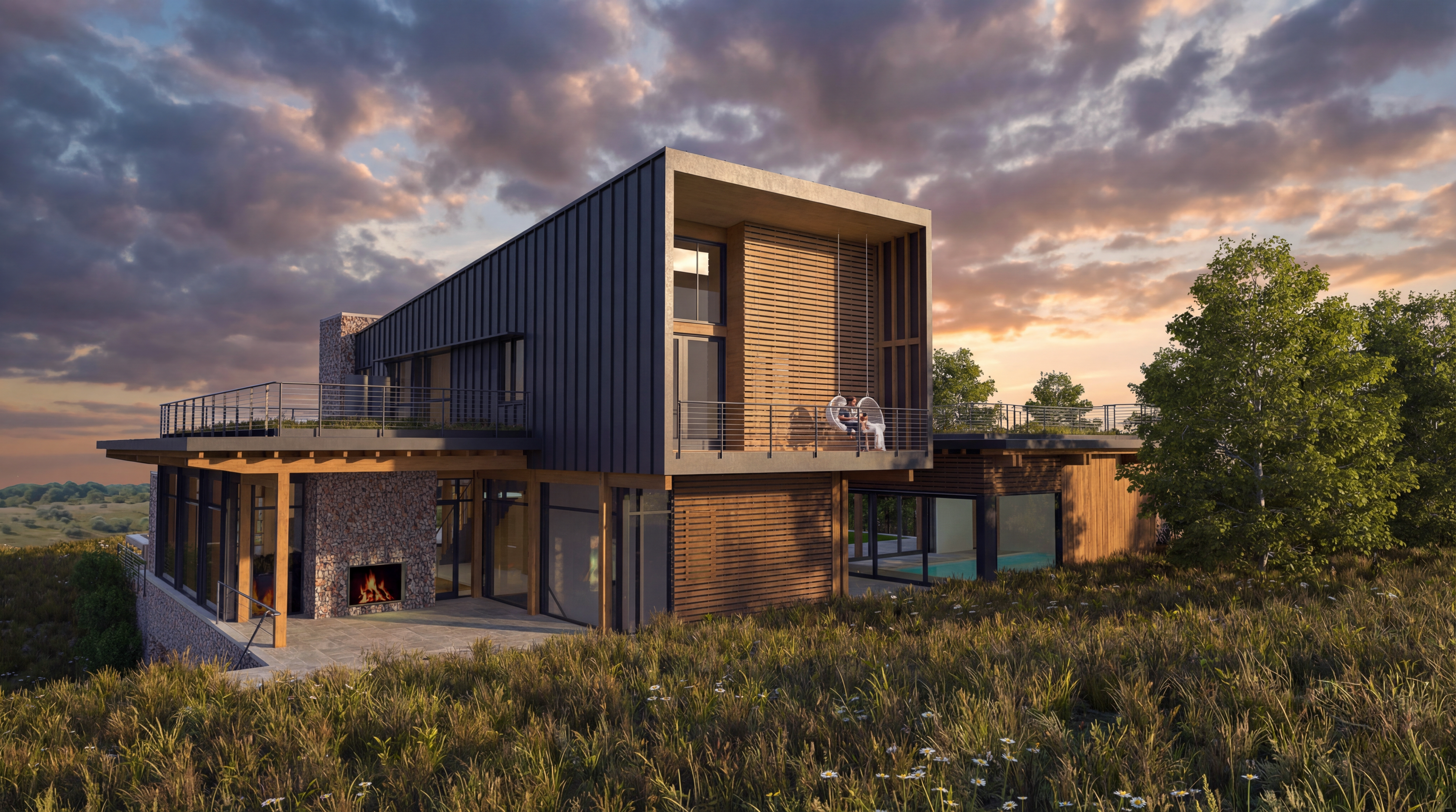 house overlooking praire land beam house with outdoor fireplace, wood panels and large glass windows