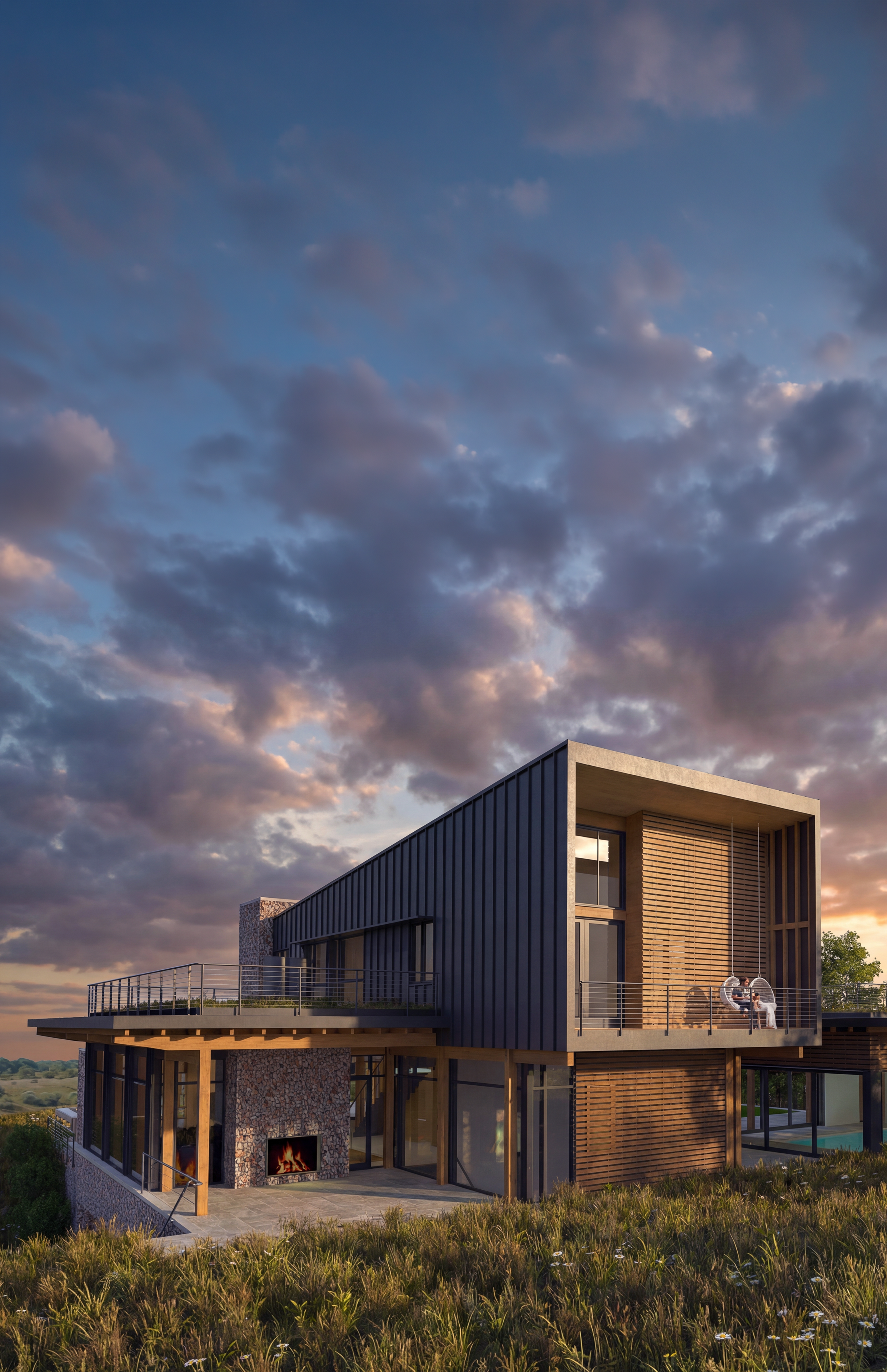 house overlooking praire land beam house with outdoor fireplace, wood panels and large glass windows