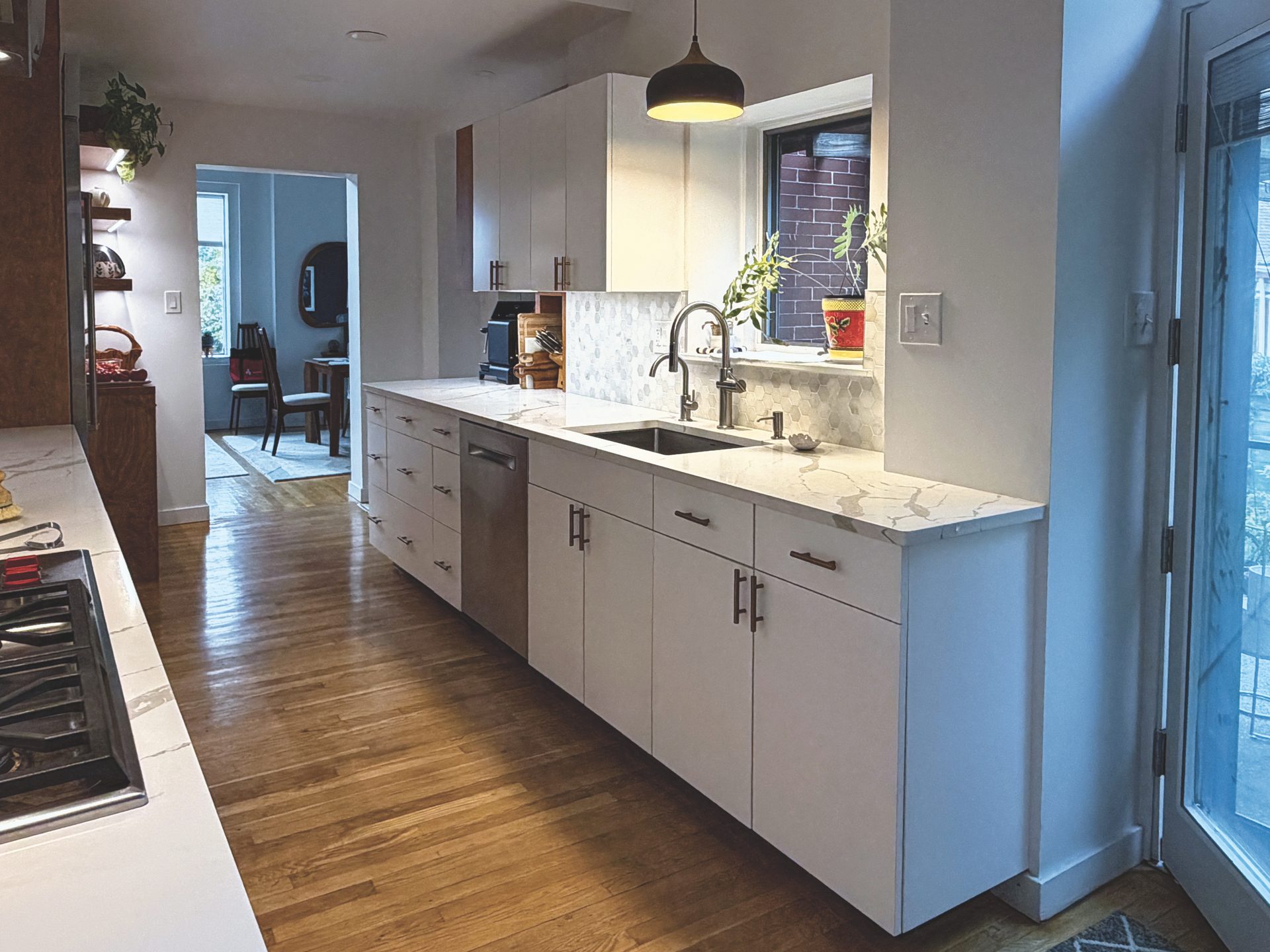 the renovated galley Kitchen in a Historic Highland Park Home Renovation in Pittsburgh