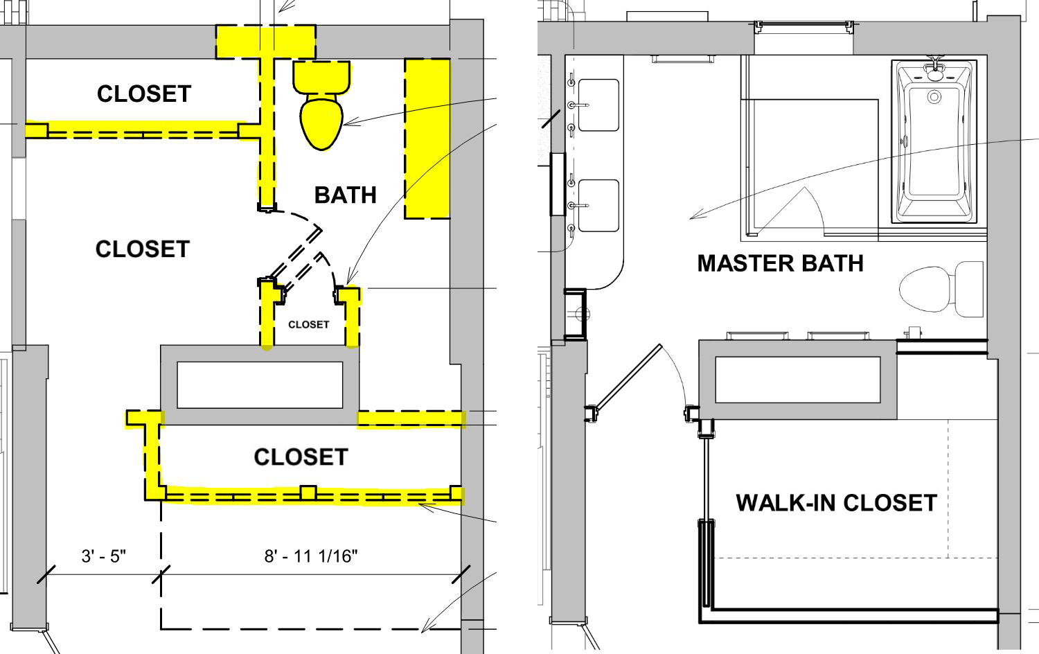 the architecture drawings showing the before and after in the bathroom area of this Historic Highland Park Home Renovation